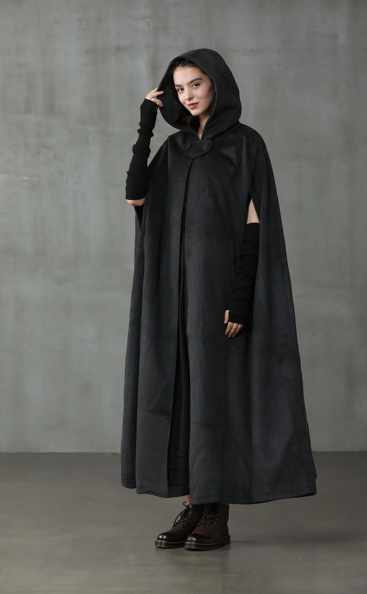 Maxi Hooded Wool Coat Cloak (8 Colors) – Linennaive Modern Cloak Outfit, Black Cloak Outfit, Cloak Poses, Fantasy Hooded Cloak, Victorian Cloak, Fantasy Cloak, Long Hooded Cloak, Cloak Outfit, Wool Cloak