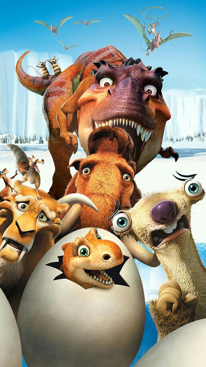 the ice age movie poster with an egg and many other animals in front of it