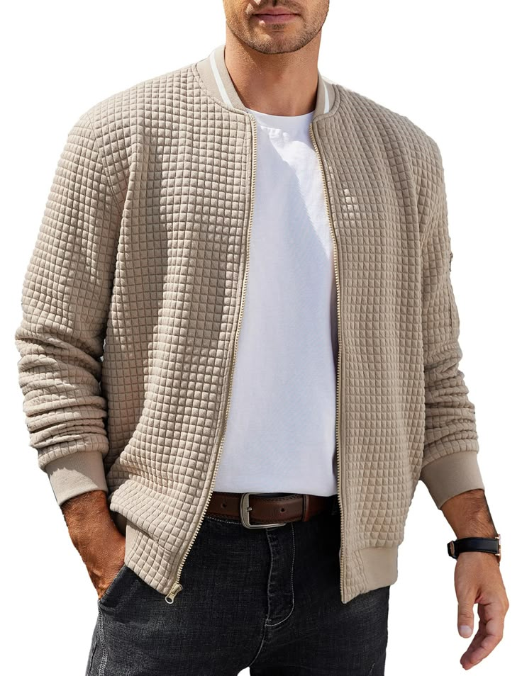 PRICES MAY VARY. Waffle fabric- Men's lightweight bomber jacket is made of 3D waffle fabric, soft, durable and high-quality fabric, brings you a comfortable feeling. Soft Lining- Men's casual jackets designed with waffle material with soft lining, full zip, ribbed hem and cuffs, 1 left arm pocket and 2 side pockets, creating a stylish look. Classic Versatile Jacket- Men's waffle jacket can be a perfect teammate to any wardrobe piece. It can be paired with a botton down shirt, T-shirt, sweater an Jackets Varsity, Zip Up Jackets, Versatile Jacket, Waffle Fabric, Mens Jackets Casual, Jacket Fashion, Casual Jackets, Casual Stylish, Shirt Sweater