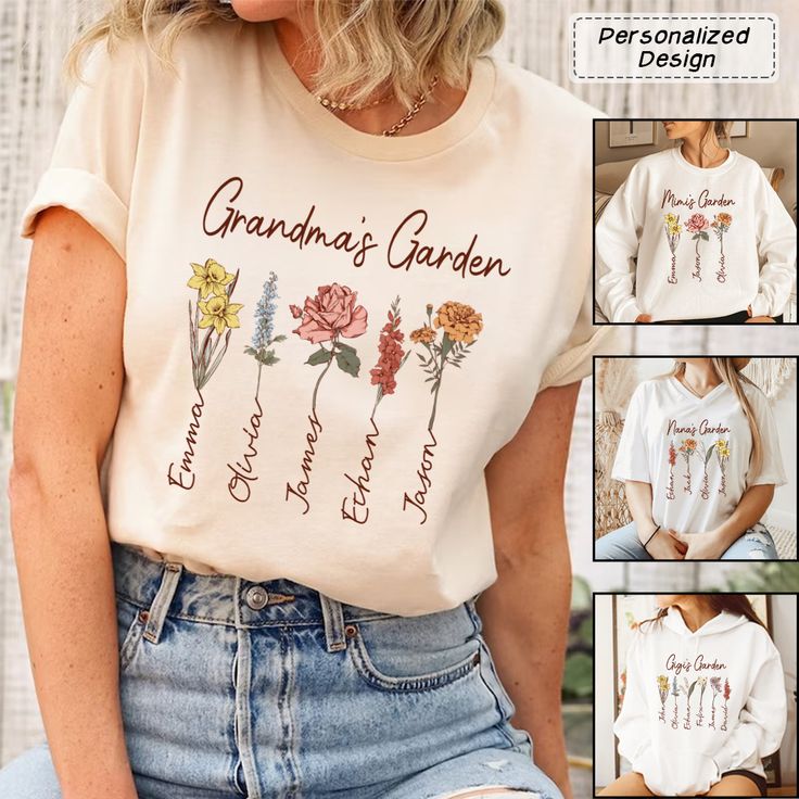 a woman wearing an grandma's garden t - shirt with flowers on the front