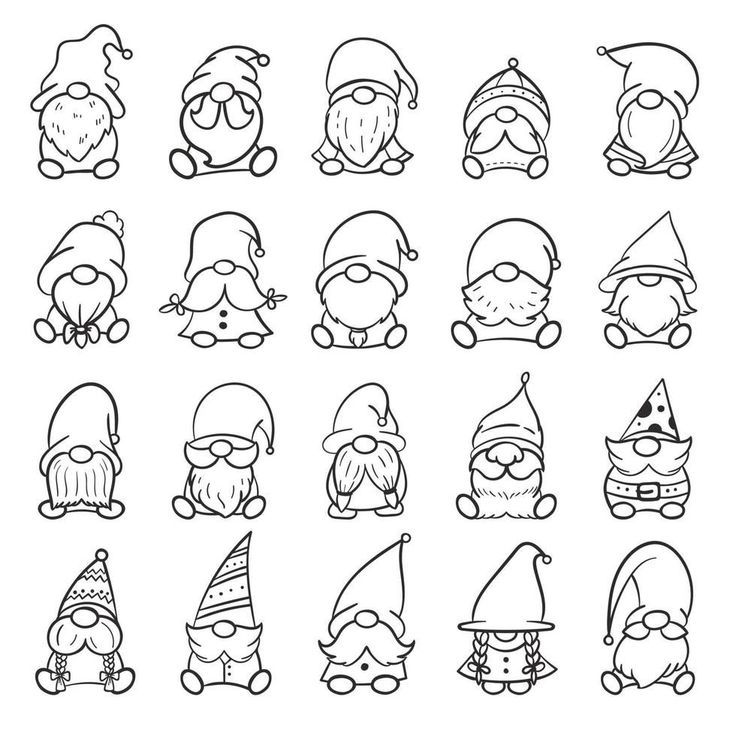 cartoon gnomes with hats and beards for coloring pages or book page design, isolated on white background