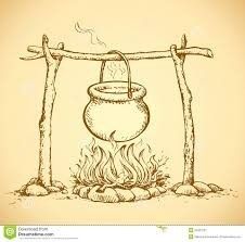 an old pot on fire in the ground with sticks and rocks around it royalty illustration