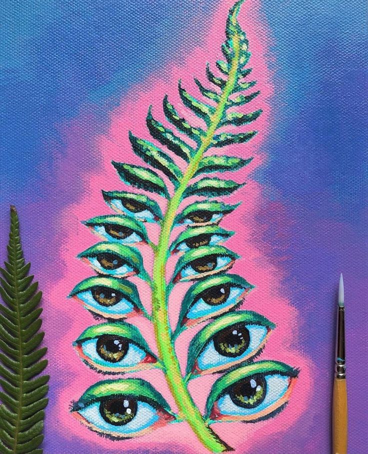 a painting of a green leaf with blue eyes