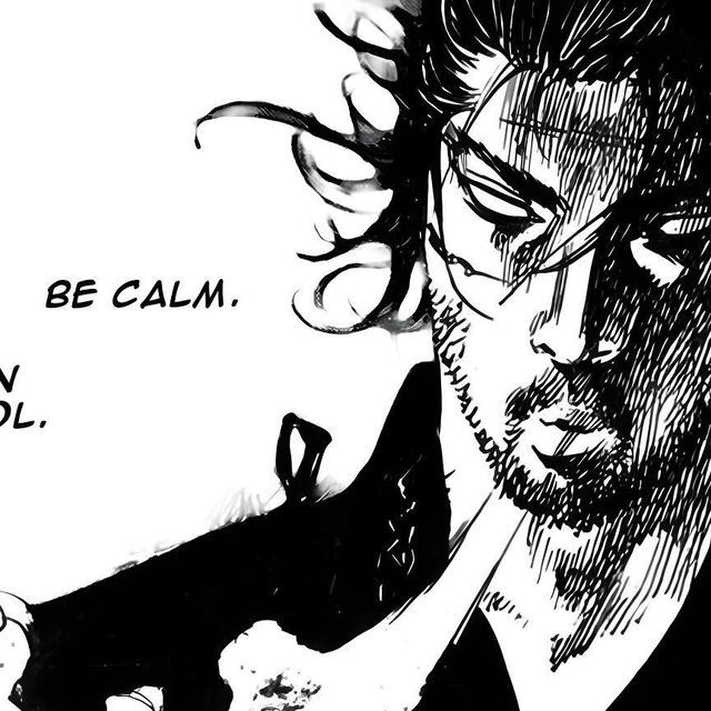 a black and white drawing of a man's face with the words be calm on it