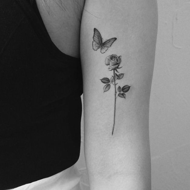 a black and white photo of a rose with a butterfly on it