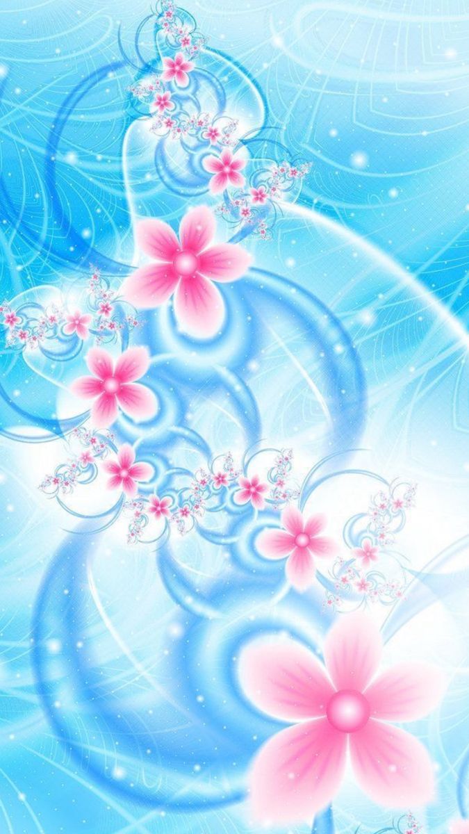 an abstract blue background with pink flowers and swirls on the bottom, in front of a