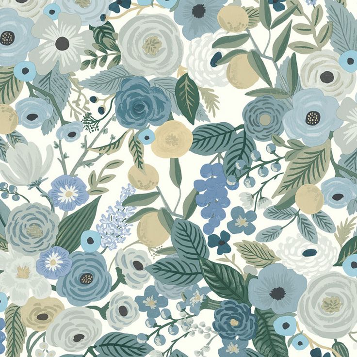 a blue and white floral pattern with green leaves