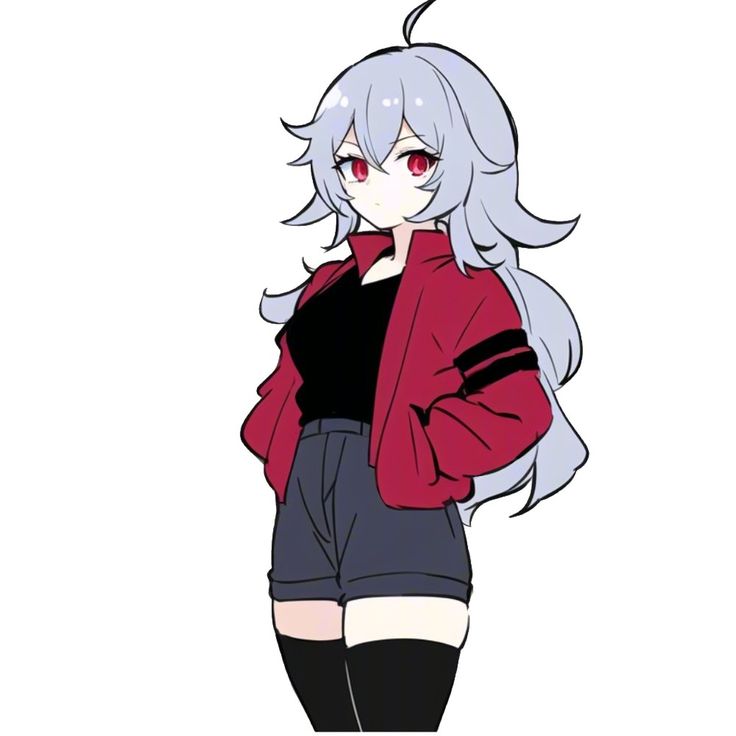 an anime character with long white hair and red eyes, wearing black shorts and a red jacket