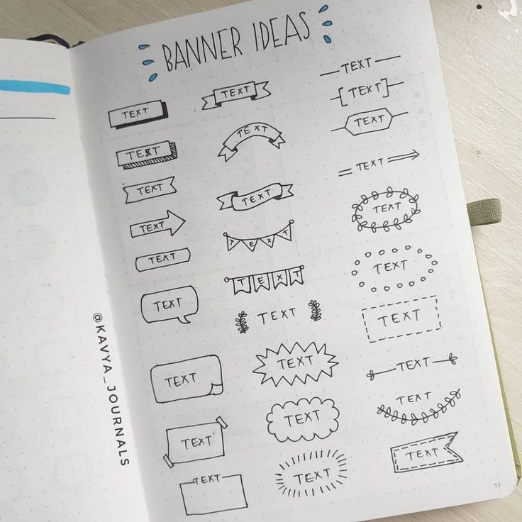 an open notebook with hand drawn doodles and text on the pages that read banner ideas