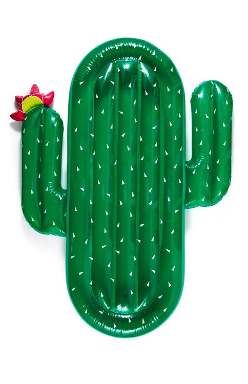 an inflatable green cactus with a red flower on it's back end