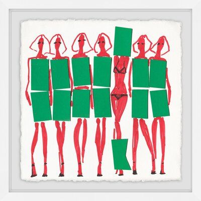 a group of mannequins with green and red paper cut outs on them