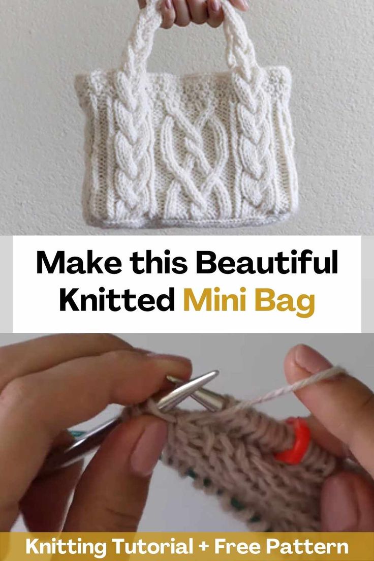 two pictures with the words make this beautiful knitted mini bag