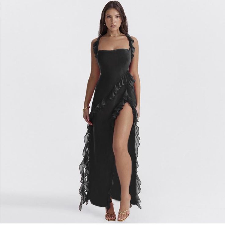 I Ordered This Dress In A Small And It Is A Bit Too Big For Me. It Looks Like It Would Fit A Size 4 Perfectly. High Split Dress, Ruffle Summer Dress, Split Dress, Sling Dress, Suspender Dress, Cowl Neckline, Silhouette Cut, Cami Dress, Types Of Skirts