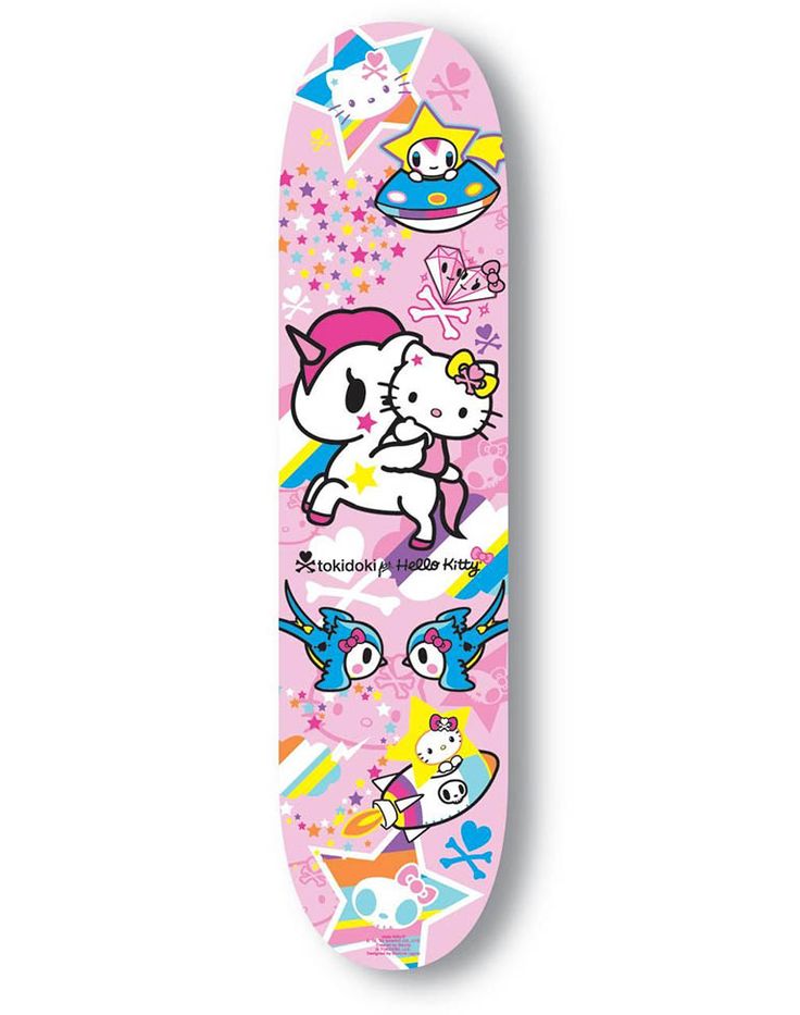 a pink skateboard with hello kitty and other cartoon characters on the bottom half of it