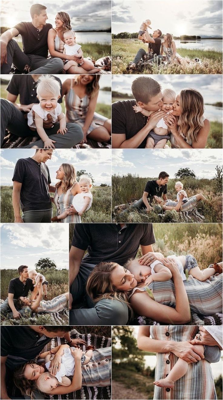 a collage of people sitting on the ground with one woman kissing another man's cheek