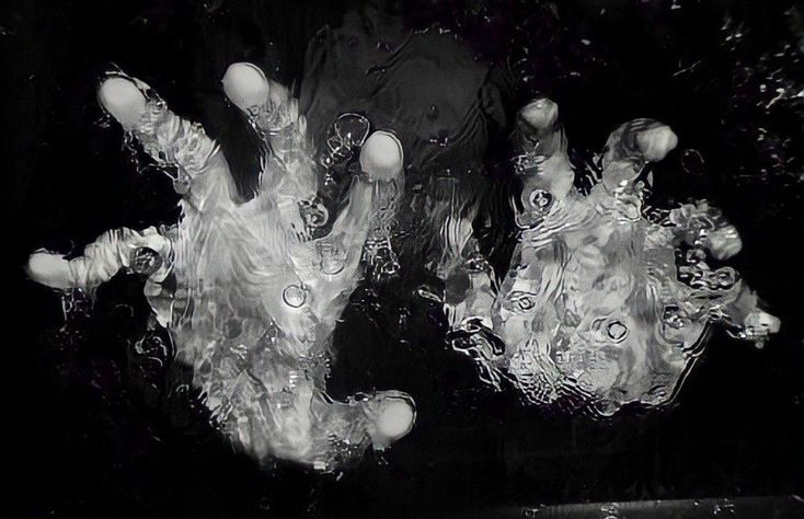 two hands that are covered in water on a black and white background, with bubbles coming out of them