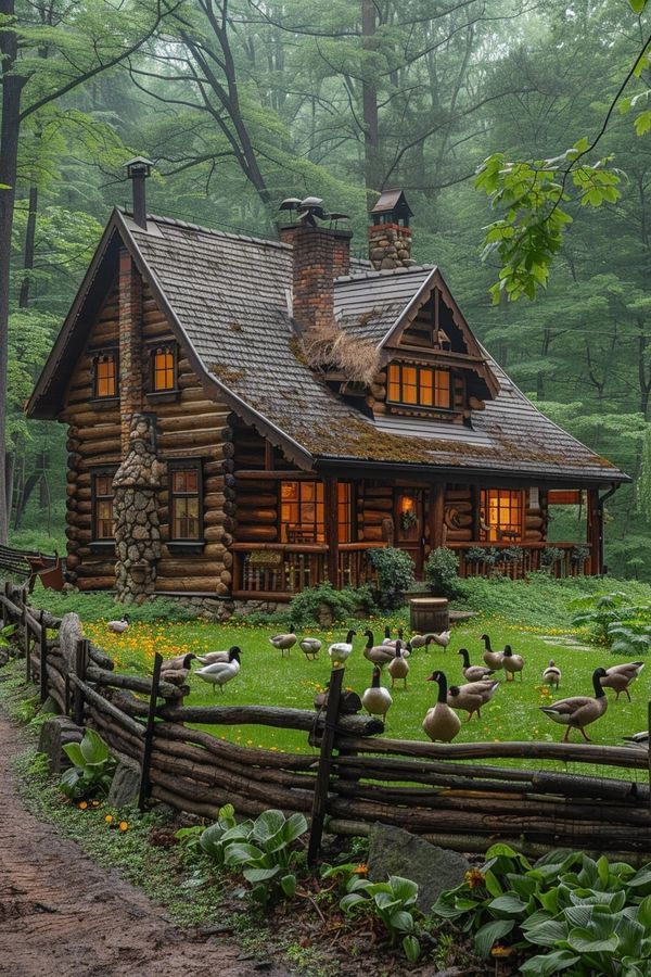 a log cabin in the woods surrounded by ducks