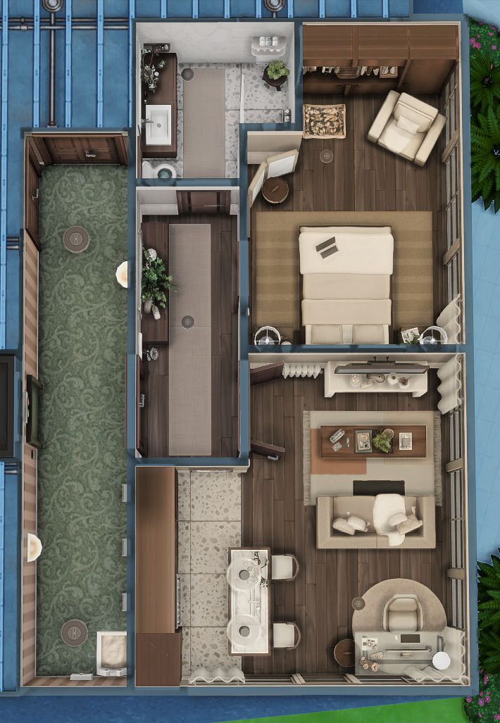 an overhead view of a house with the living room and bedroom separated by two separate rooms