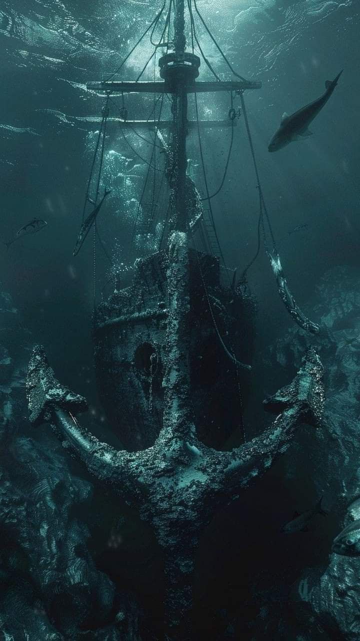 an old ship in the middle of the ocean with fish swimming around it's mast