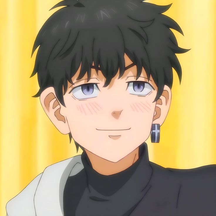 an anime character with black hair and blue eyes