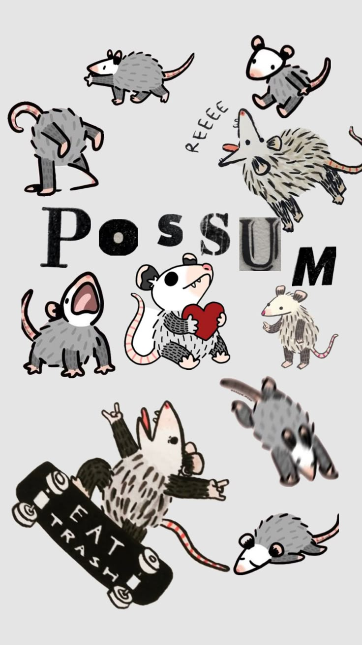 various stickers that say possum and have different types of mice on them