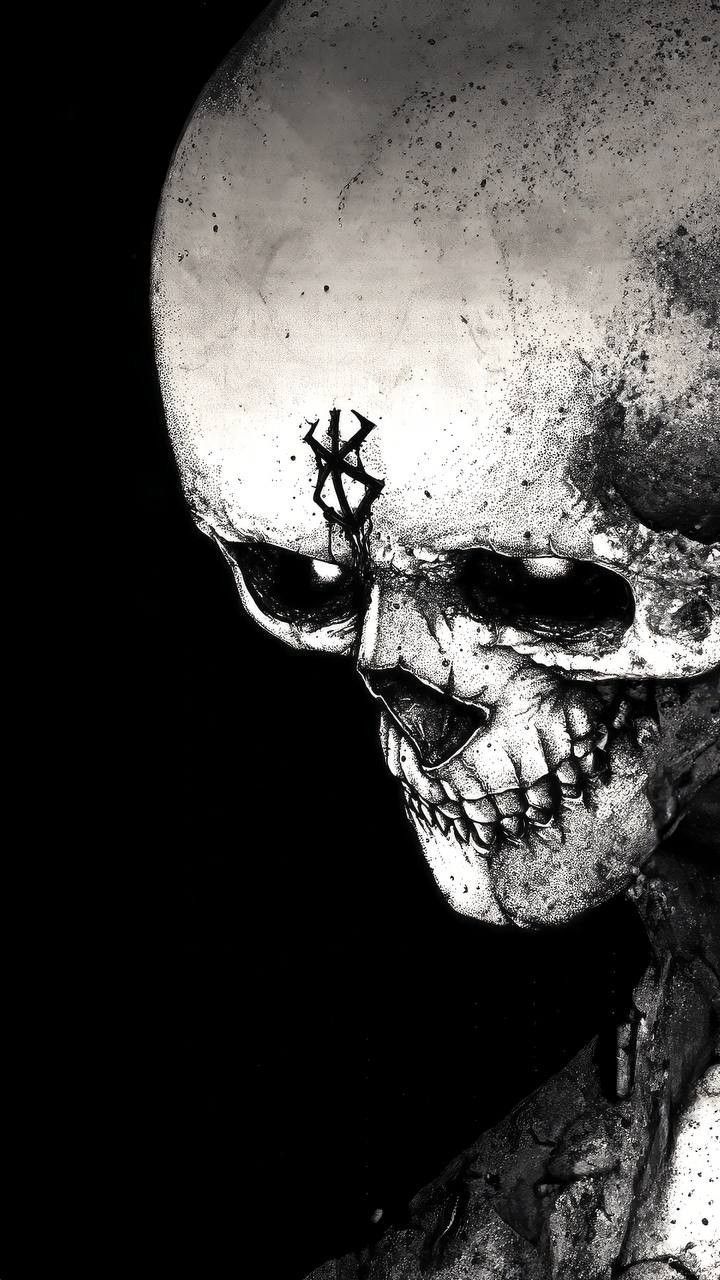 a skull with a star on it's forehead is shown in black and white