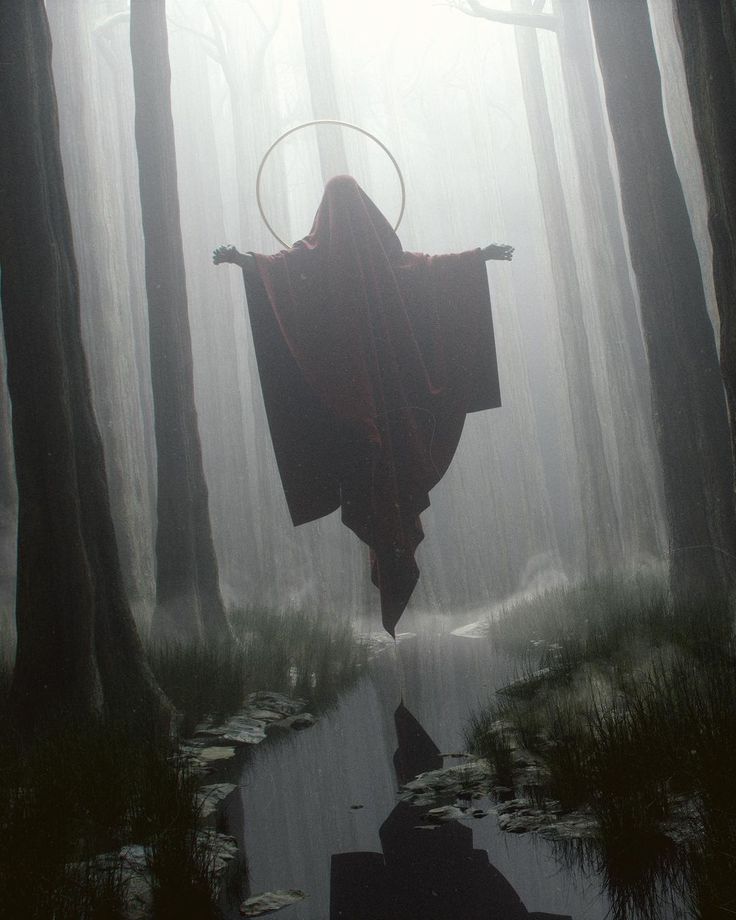 an image of jesus in the foggy forest