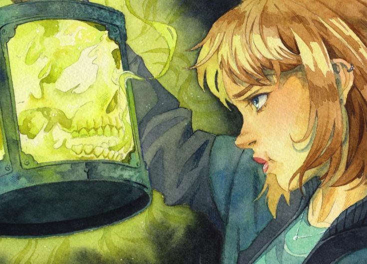 a painting of a girl looking at a skull in a glass jar with a light on it