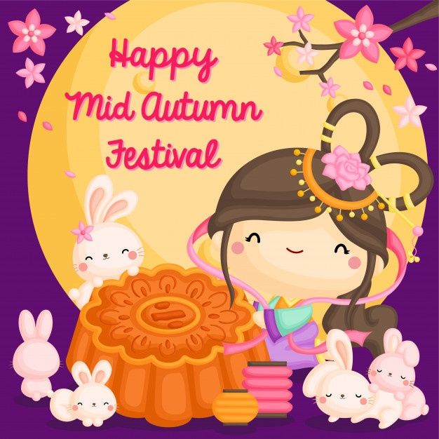 the girl is surrounded by rabbits in front of an autumn festival poster with text happy mid autumn festival