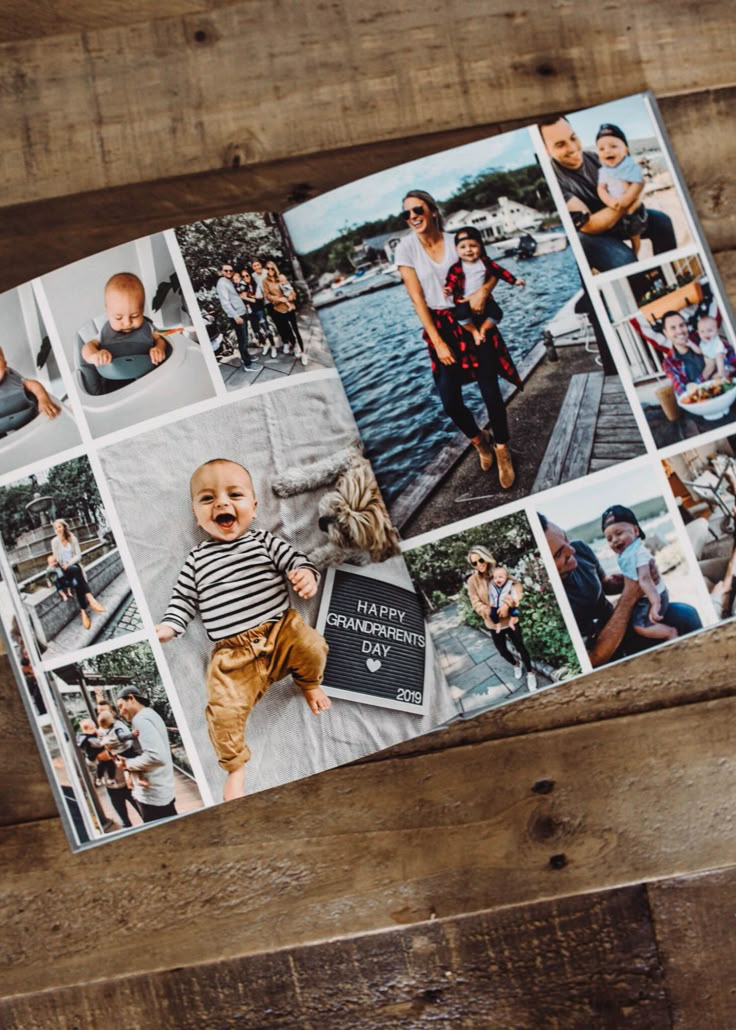 an open magazine with photos of people and babys on it, sitting on a wooden table