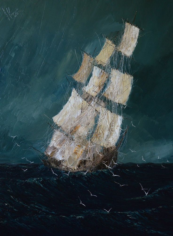 an oil painting of a ship in the ocean