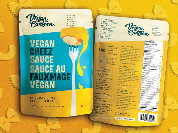 a bag of vegan cheez sauce next to a packet of macaroni and cheese