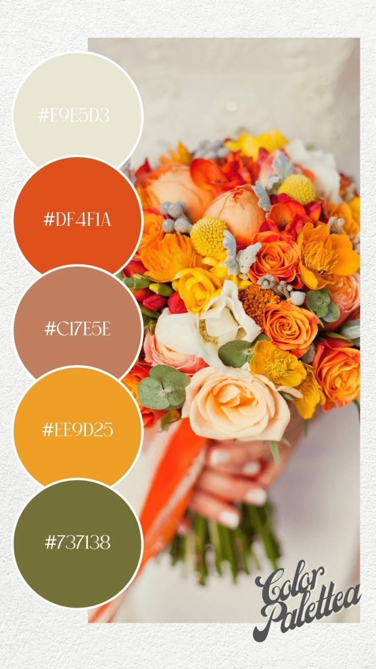 the color scheme for this wedding bouquet is orange and yellow