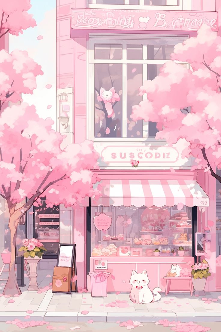 an illustration of a cat sitting in front of a store with pink flowers on the tree