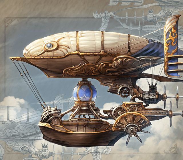 an image of a steampunk flying in the sky with other things around it