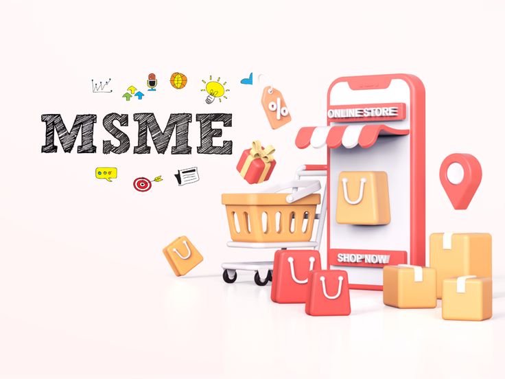 the words msme are displayed above an image of shopping carts and mobile phones with icons