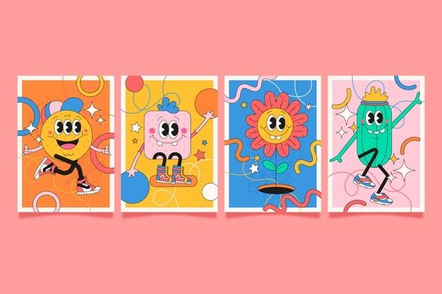 four different colored posters with cartoon characters in the same color and size, on pink background