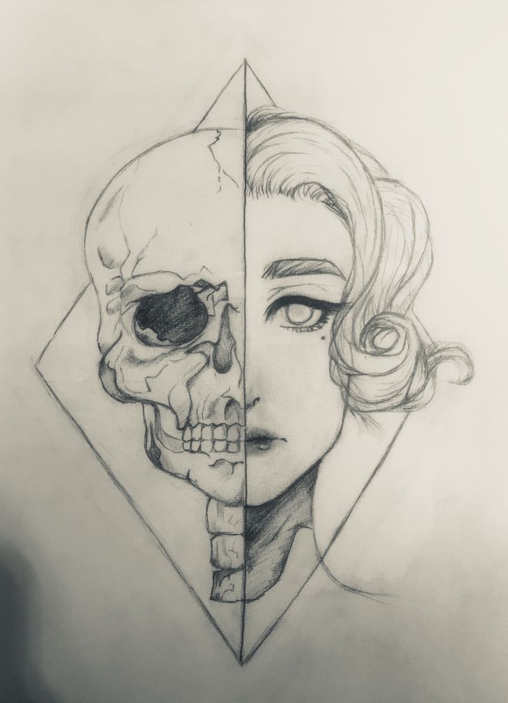 a pencil drawing of a woman and a skull