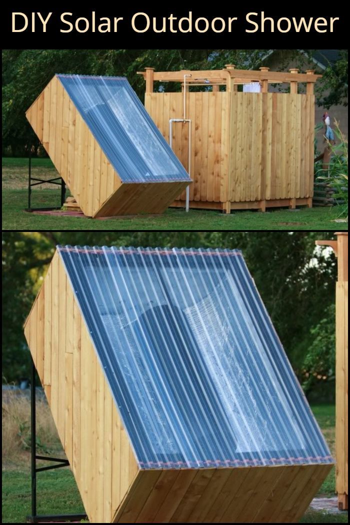 three different views of a wooden structure in the grass, with one building made out of corrugated sheets