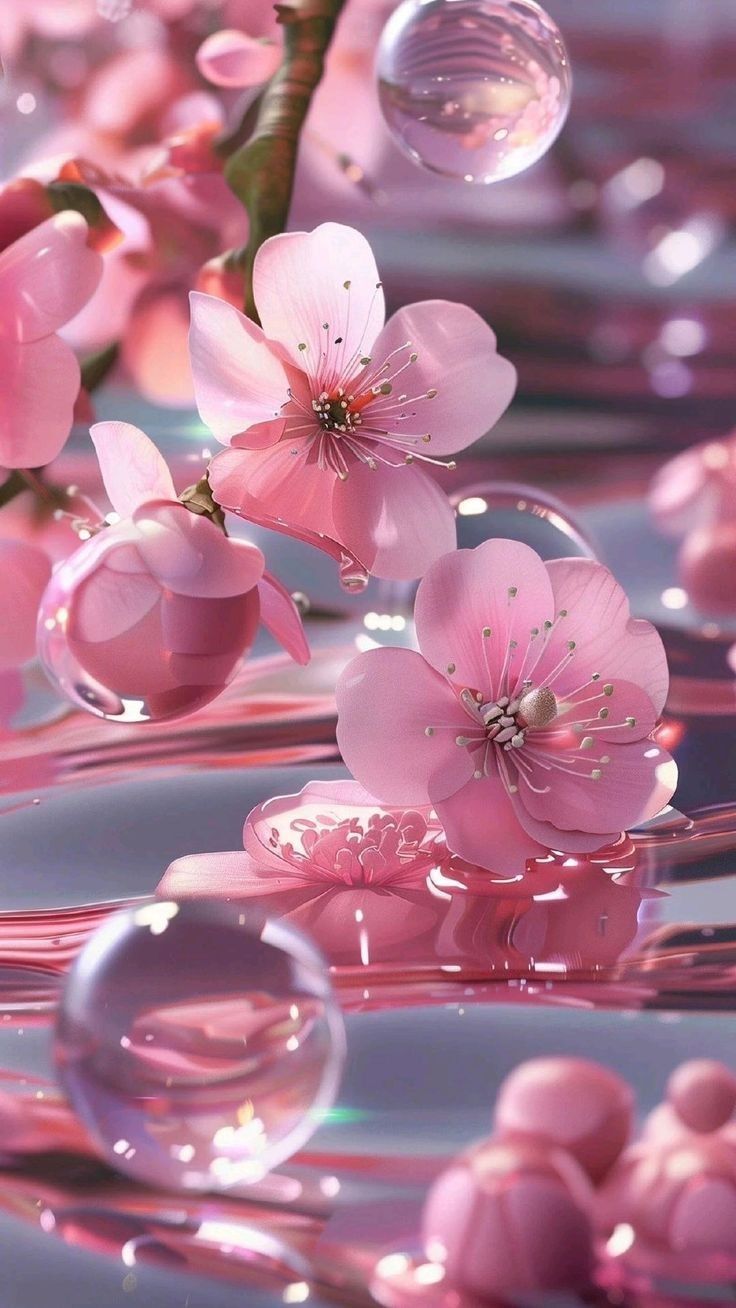 pink flowers and bubbles floating in the water