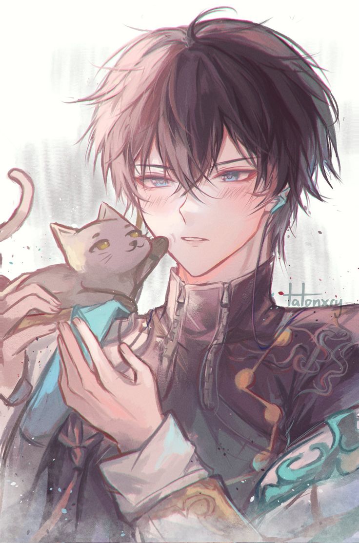 an anime character holding a cat in his right hand and looking at it's face