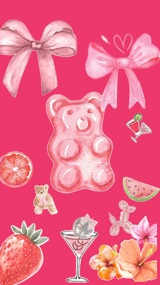 a pink background with various stickers and bows on the top, including watermelon