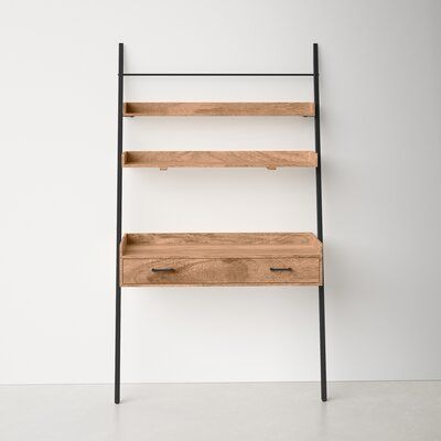 a wooden shelf with two drawers next to a white wall