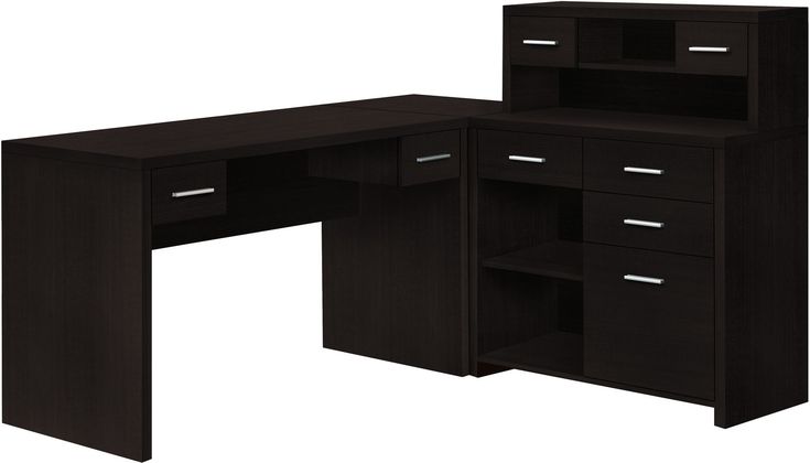 an l - shaped desk with two open shelves on the left and one closed drawer on the right