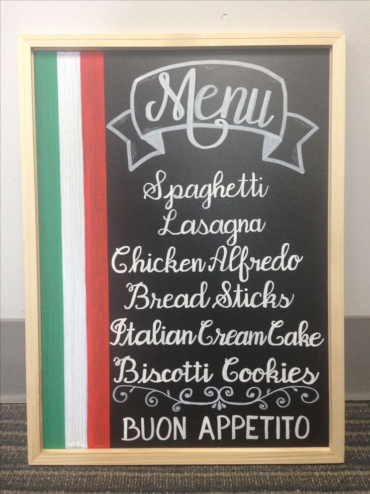 a chalkboard sign with italian food written on it