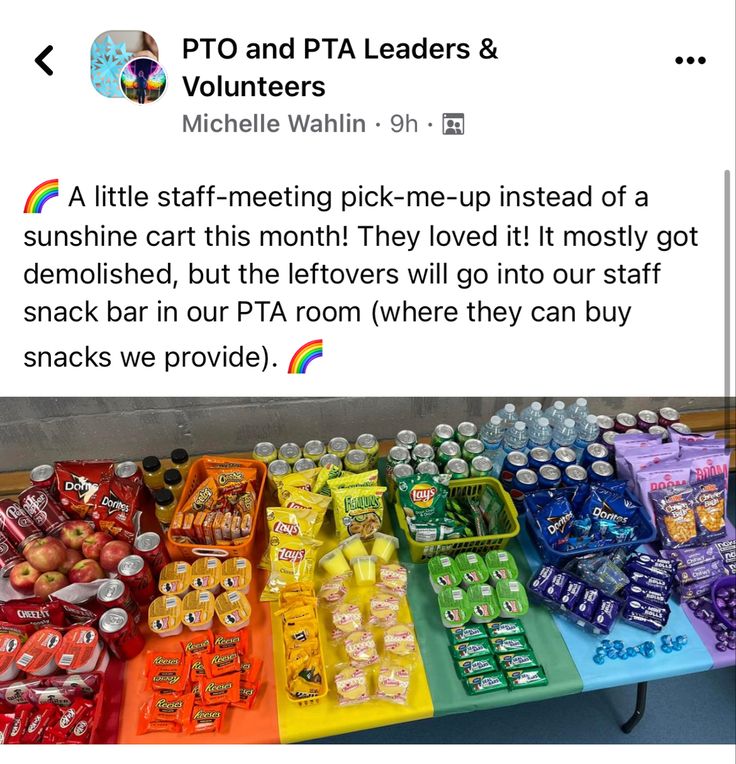 an image of a rainbow colored table with snacks on it and the caption that reads, pto and pta leaders & micelle wahin oh