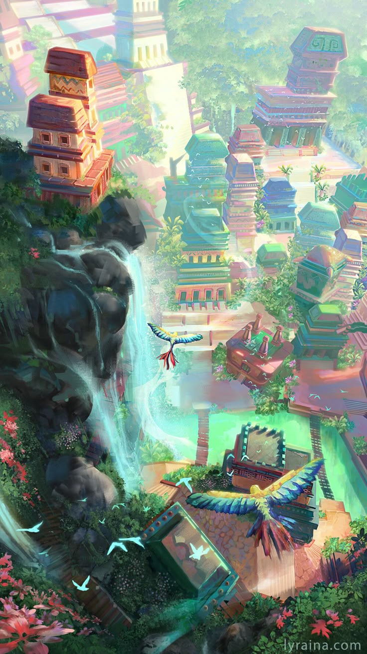 an artist's rendering of a bird flying over a waterfall in the middle of a jungle