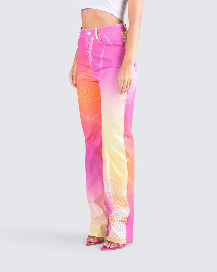 This print and these colors? 🥵 We gon be lookin like a starburst pack and all these h*es will be tryna take a bite... What's ya fave flavor? 👅👀 The print is randomly placed so each garment will be uniquely different Cheap Stretch Pants With Letter Print, Trendy Multicolor Straight Leg Pants, Casual Multicolor All Over Print Pants, Casual Multicolor Pants With All Over Print, Casual Multicolor All-over Print Pants, Trendy Multicolor Straight Leg Jeans, Trendy Multicolor Cotton Jeans, Trendy Multicolor Jeans, Spring Multicolor Jeans