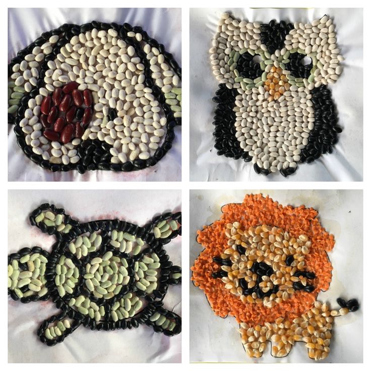 four different pictures of animals made out of beads