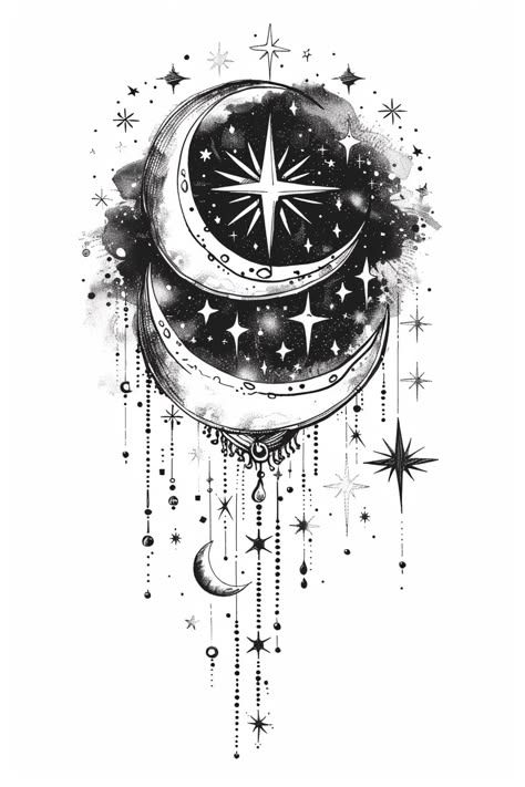 a black and white drawing of a crescent with stars hanging from it's sides